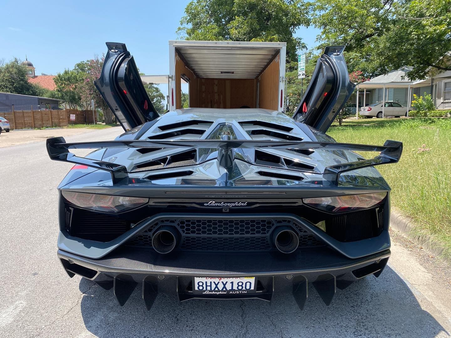 2019 Lamborghini Aventador SVJ. This car is unbelievable. 759hp from a naturally aspirated monster of a V12. 6.5 liters singing all the way to a 8700 rpm redline. Lamborghini has said this was the last Aventador iteration, but I hope they never stop making these. 1 of 900 produced. 
.
.
.
.
.

#nicksautotransport #dreamtransporter #enclosedtransport #carhauler #carsofinstagram #carswithoutlimits #supercar #supercarsofinstagram #toyhauler #atc #aluminumtrailer #ford #powerstroke #platinum #carporn #raceramps #lamborghini #lambo #lambro #aventador #svj #supervelocejota #grigio